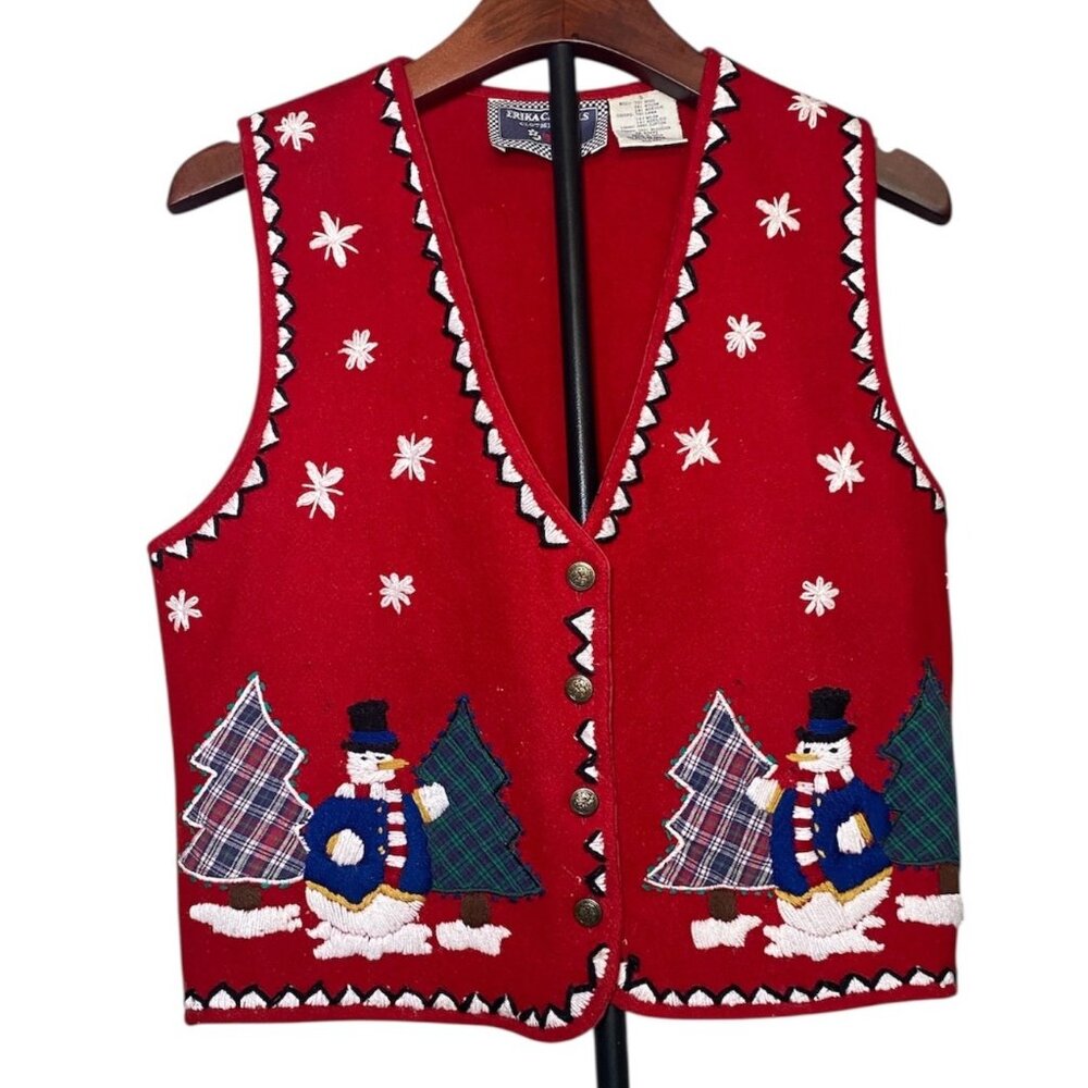Vtg Snowman‎ Red Christmas Ugly Grandma Sweater Vest Wool Blend Winter Holiday